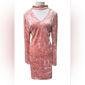 Ambiance Pink Long Sleeve Crushed Velvet Dress w/ Collar Cut Out Size Medium